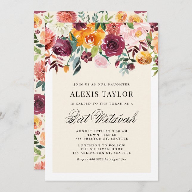 Invitation Aquarelle vintage Fleurs d'automne Bart Mitzvah (Devant / Derrière)