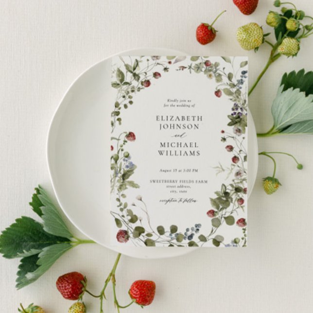 Invitation Aquarelle vintage fraise Mariage d'été (Easily personalize this sweet strawberry wedding invitation for the perfect summer garden wedding!)