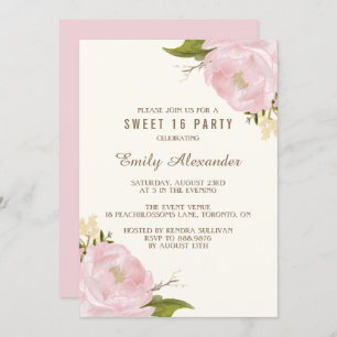 Invitation Aquarelle vintage Peonies roses Sweet sixteen