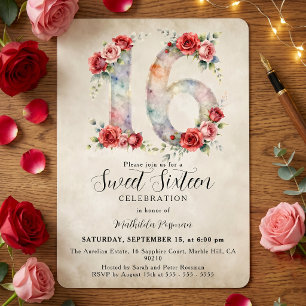 Invitation Aquarelle vintage roses rouges roses douces 16 ans