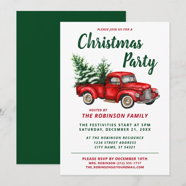 Invitation Aquarelle Vintage Rouge Truck Noël (Devant / Derrière)