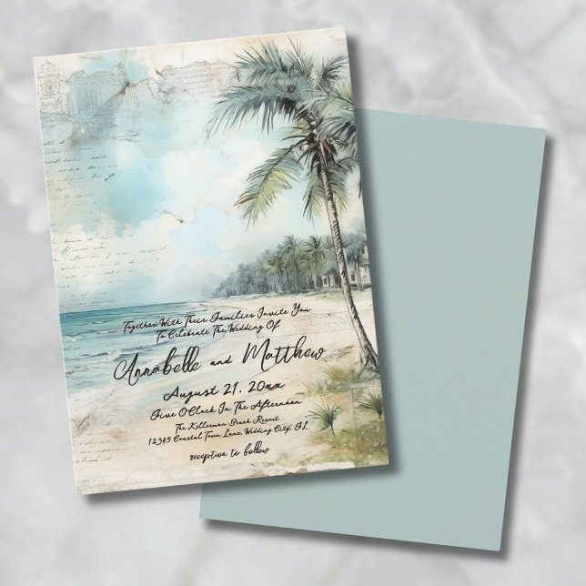 Invitation Aquarelle Vintage sur le thème de la plage pour ma (Vintage Rustic Elegant Tropical Beach Wedding Invitation)