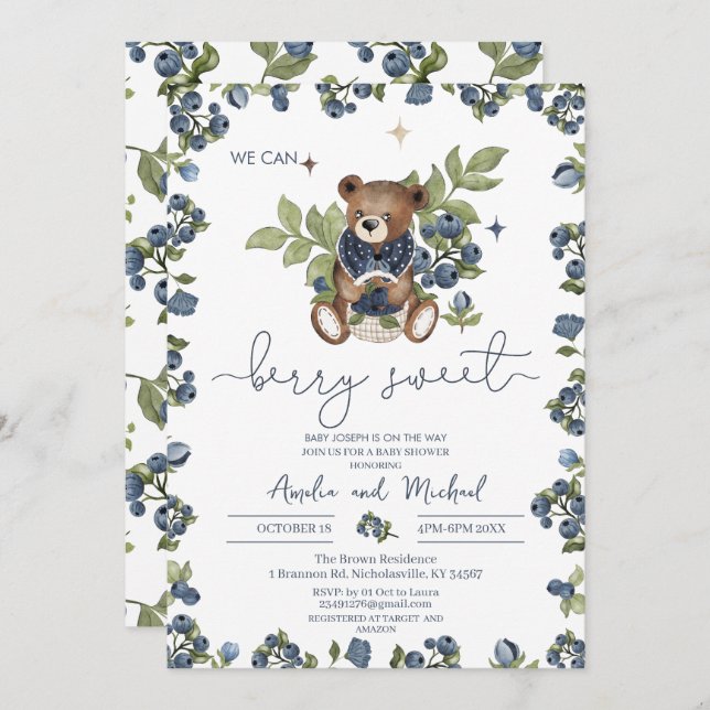 Invitation Aquarelle Vintage Teddy Berry baby shower doux (Devant / Derrière)