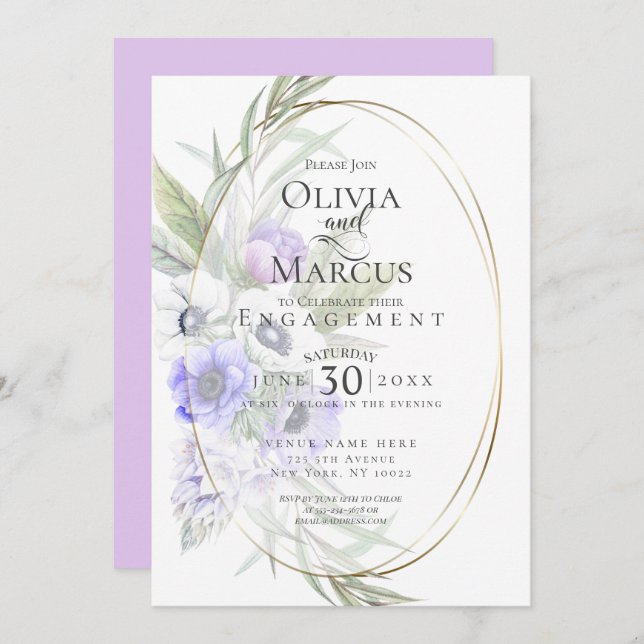 Invitation Aquarelle Violet Anémonique Floral Oval Frame (Devant / Derrière)