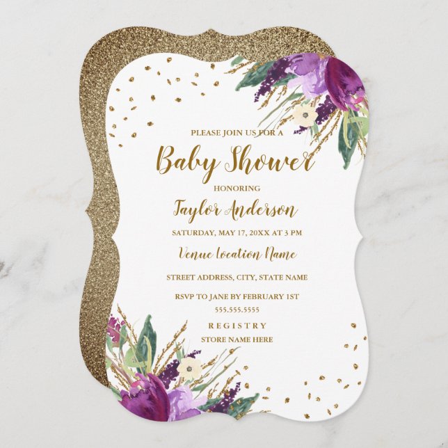 Invitation Aquarelle violet Baby shower à fleurs or (Devant / Derrière)