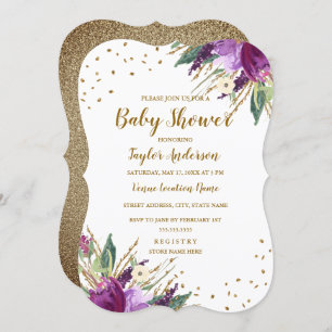 Invitation Aquarelle violet Baby shower à fleurs or