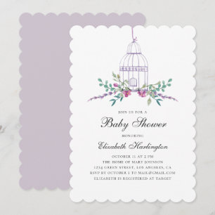 Invitation Aquarelle violet baby shower de cage à oiseaux