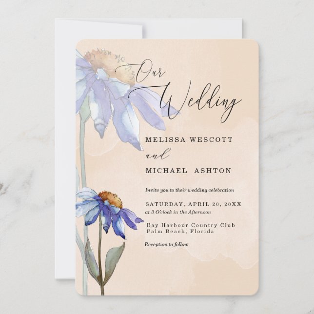 Invitation Aquarelle violet bleu marguerite bracelet Mariage  (Devant)