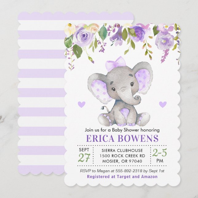 Invitation Aquarelle violet clair Baby shower éléphant fille (Devant / Derrière)