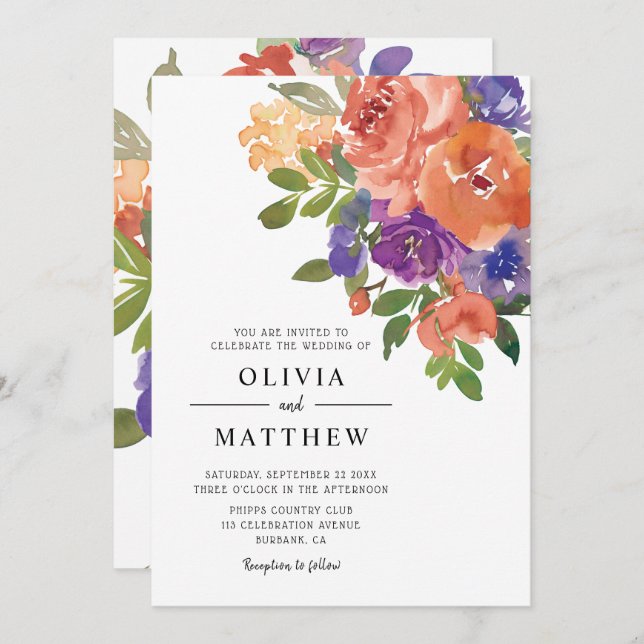 Invitation Aquarelle violet de corail moderne Mariage floral (Devant / Derrière)