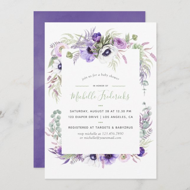 Invitation Aquarelle violet Dusty Baby shower Floral Invitati (Devant / Derrière)