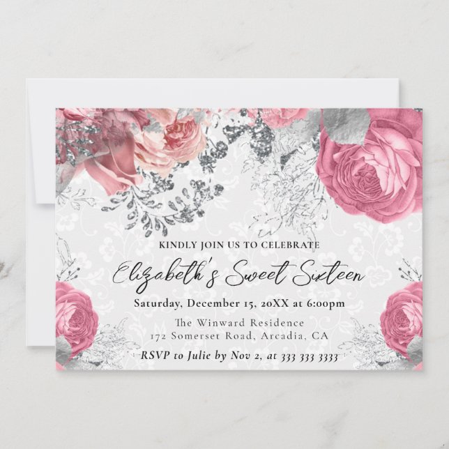 Invitation Aquarelle violet et Sweet sixteen Rose argenté (Devant)