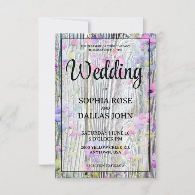 Invitation Aquarelle violet fleur sauvage mariage rustique (Devant)