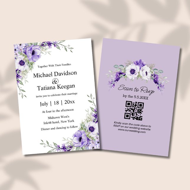 Invitation aquarelle violet fleuri code qr rsvp mariage (Créateur téléchargé)