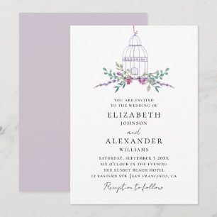 Invitation Aquarelle violet fleuri vintage mariage de cage à