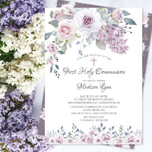 Invitation Aquarelle Violet Fleurs Première Communion