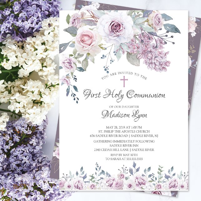 Invitation Aquarelle Violet Fleurs Première Communion (Créateur téléchargé)