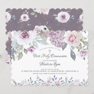 Invitation Aquarelle Violet Fleurs Première Communion