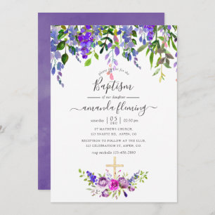 Invitation Aquarelle Violet Floral Baptême