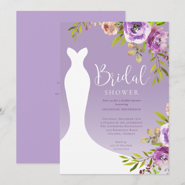 Invitation Aquarelle Violet Floral Bridal Douche (Devant / Derrière)