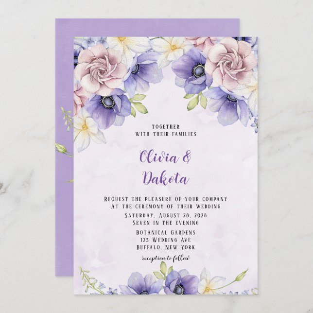 Invitation Aquarelle violet Floral Chic Peony Mariage (Devant / Derrière)
