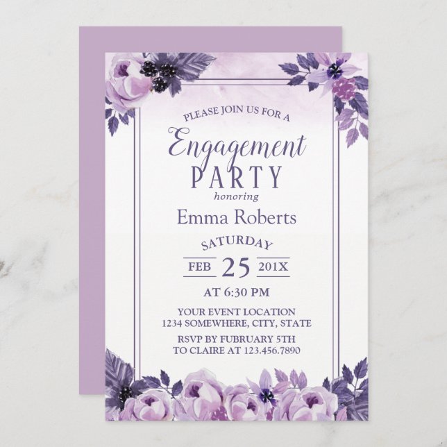 Invitation Aquarelle violet Floral Mariage (Devant / Derrière)