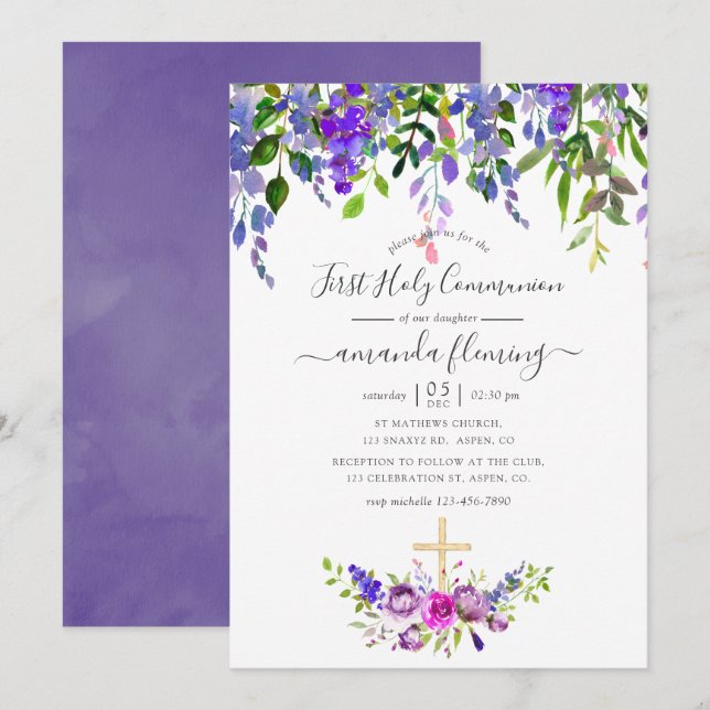 Invitation Aquarelle Violet Floral Première sainte communion (Devant / Derrière)