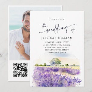 Invitation Aquarelle violet lavande Mariage de champ photo QR