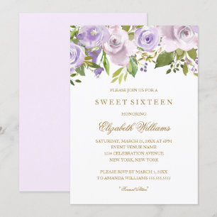 Invitation Aquarelle violet Lilac Sweet sixteen Floral