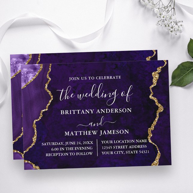 Invitation Aquarelle violet marbre Mariage or (Customize to change text size, text style or to add more text to back of card.)