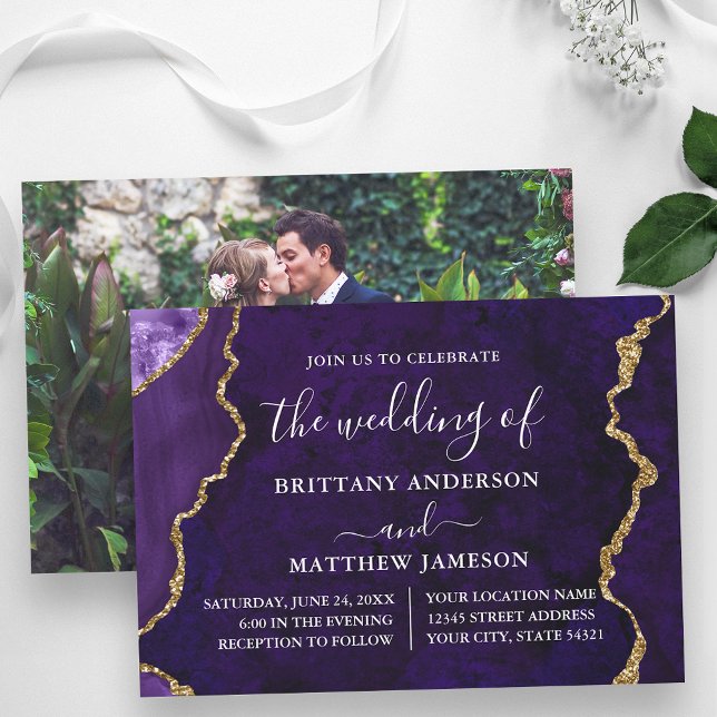 Invitation Aquarelle violet marbre or Mariage photo (Customize to change text size or text style.)