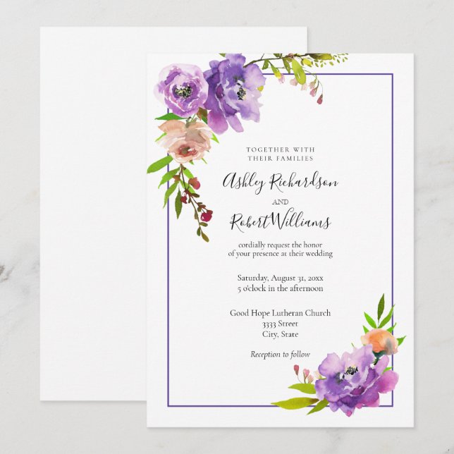 Invitation Aquarelle violet Mariage floral violet (Devant / Derrière)