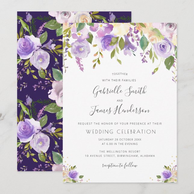 Invitation aquarelle violet, mauve et mariage floral pêche (Devant / Derrière)