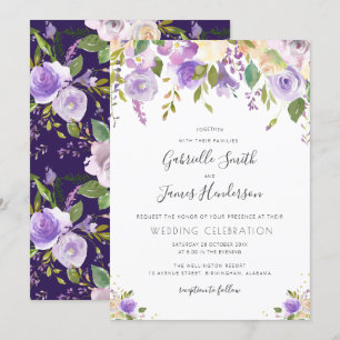 Invitation aquarelle violet, mauve et mariage floral pêche