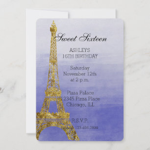 Invitation Aquarelle violet Ombre Sweet sixteen Tour Eiffel