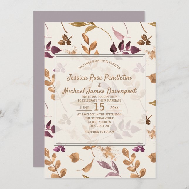 Invitation Aquarelle violet or Feuilles Lilac Crème Mariage (Devant / Derrière)