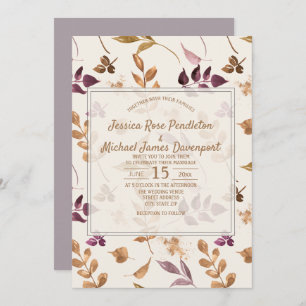 Invitation Aquarelle violet or Feuilles Lilac Crème Mariage