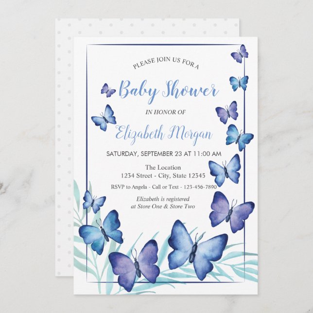 Invitation Aquarelle Violet Papillons Baby shower points (Devant / Derrière)