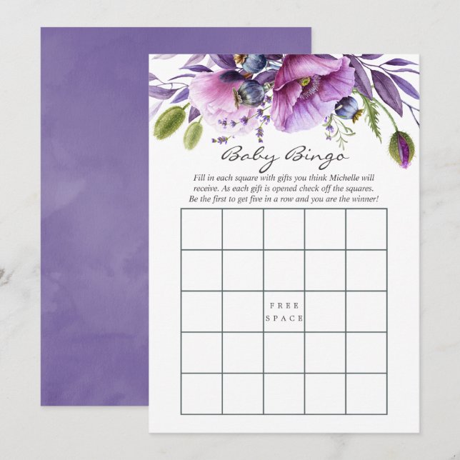 Invitation Aquarelle Violet Poppy Baby shower floral Bingo (Devant / Derrière)
