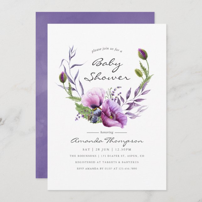 Invitation Aquarelle Violet Poppy Floral Baby shower Invitati (Devant / Derrière)