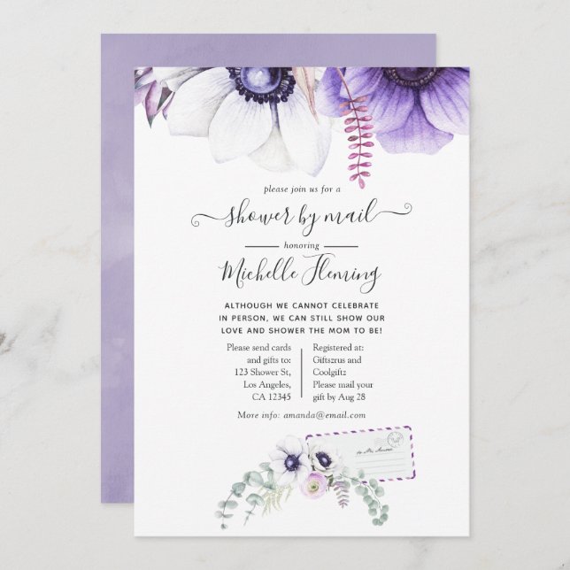 Invitation Aquarelle violet poussiéreuse Baby shower floral p (Devant / Derrière)