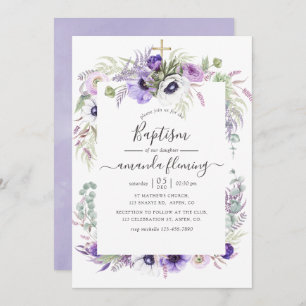Invitation Aquarelle violet poussiéreuse Baptême floral