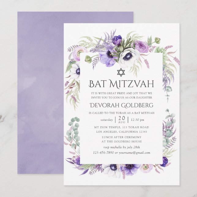 Invitation Aquarelle violet poussiéreuse Bat mitzvah floral (Devant / Derrière)