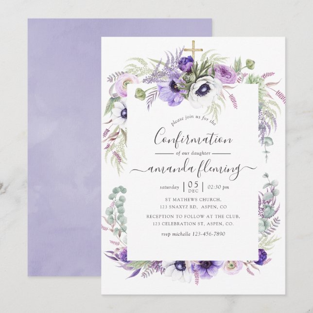 Invitation Aquarelle violet poussiéreuse Confirmation florale (Devant / Derrière)