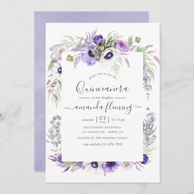 Invitation Aquarelle violet poussiéreuse Floral Quinceañera (Devant / Derrière)