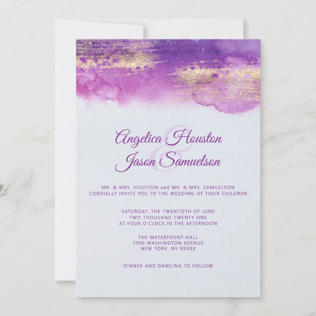 Invitation Aquarelle violet prune Mauve Mariage or (Devant)