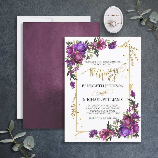 Invitation Aquarelle violet rose chaud or Script floral (Créateur téléchargé)