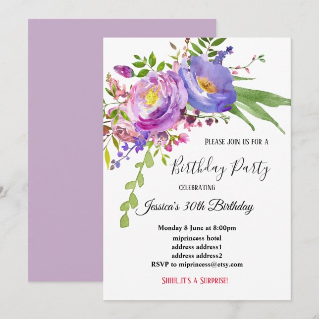 Invitation aquarelle violet rose fleuri anniversaire (Devant / Derrière)