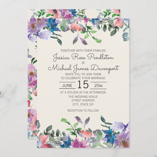 Invitation Aquarelle violet rose pâle Jardin Mariage floral (Devant / Derrière)