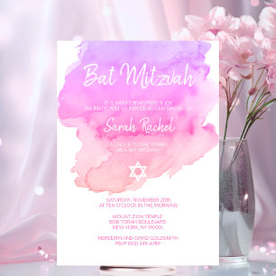 Invitation Aquarelle violet rose rose rose BAT MITZVAH étoile